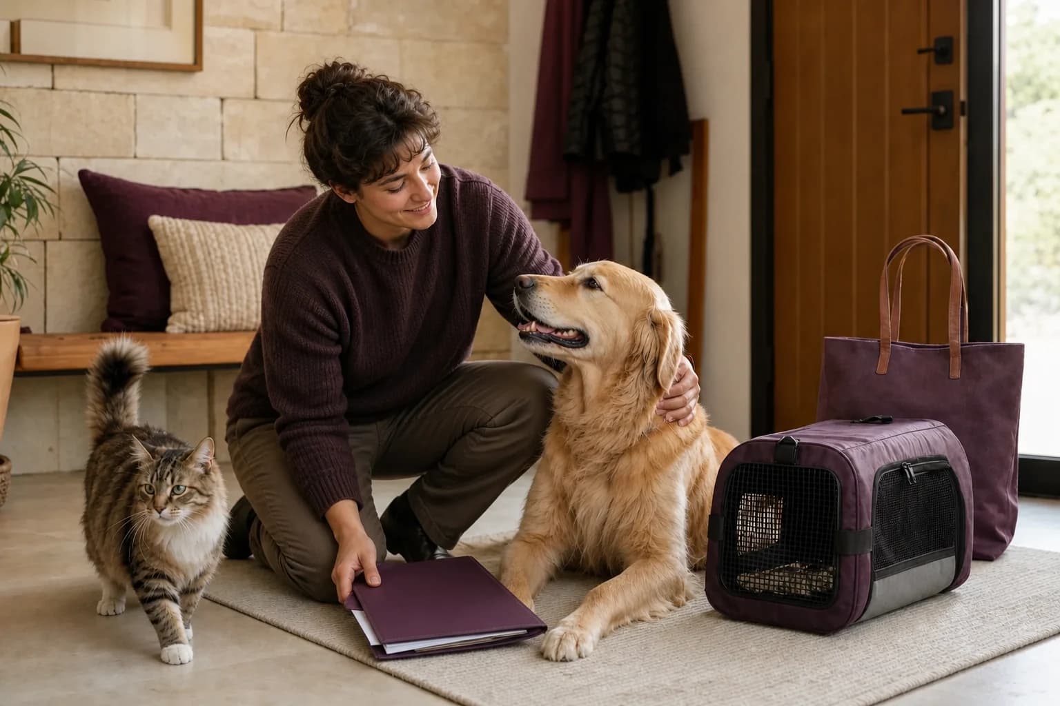 Pet owner at home with a dog, a cat, a carrier and a folder of records