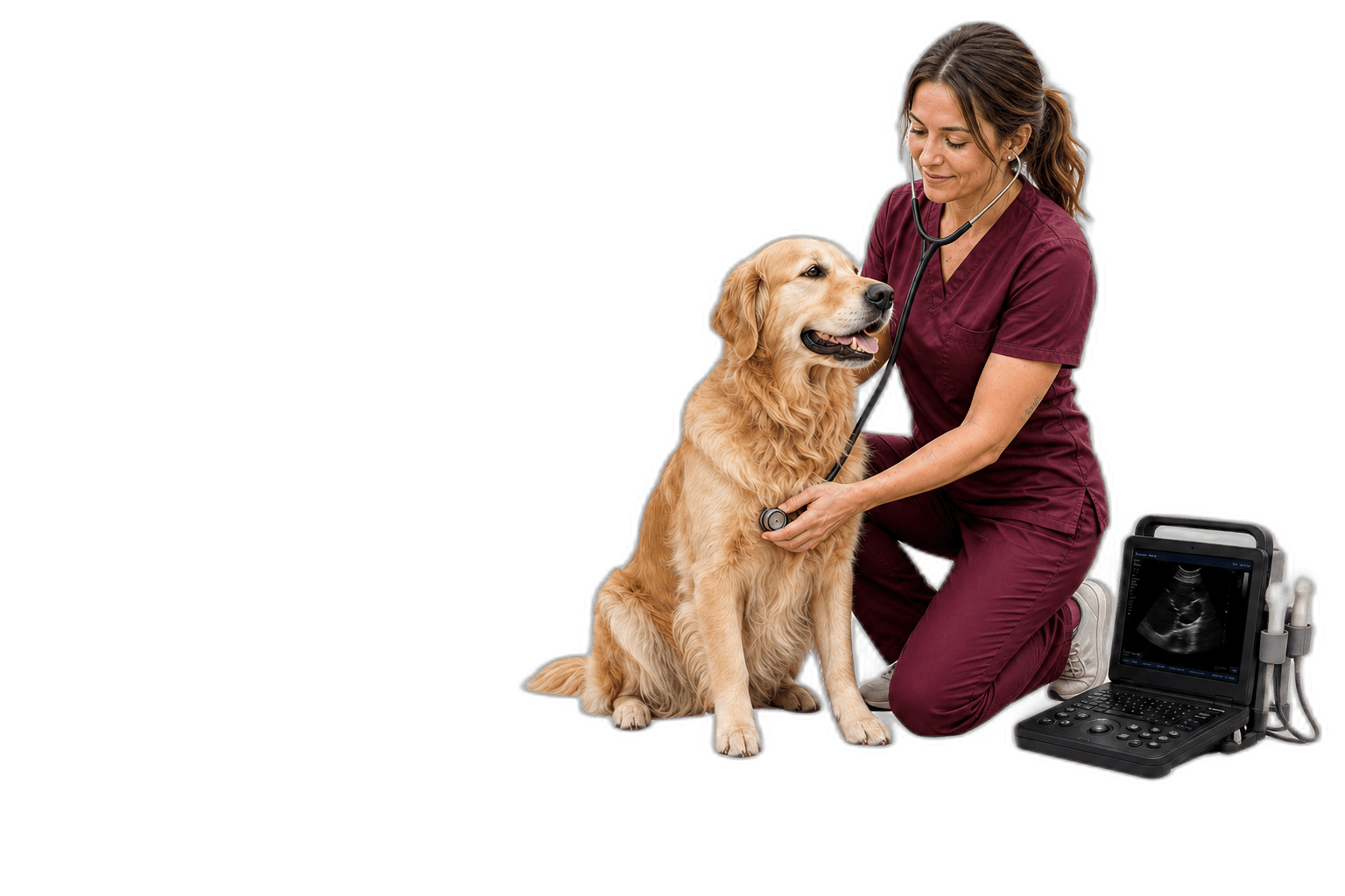 Veterinarian listening to a dog’s chest with a stethoscope beside a portable ultrasound machine