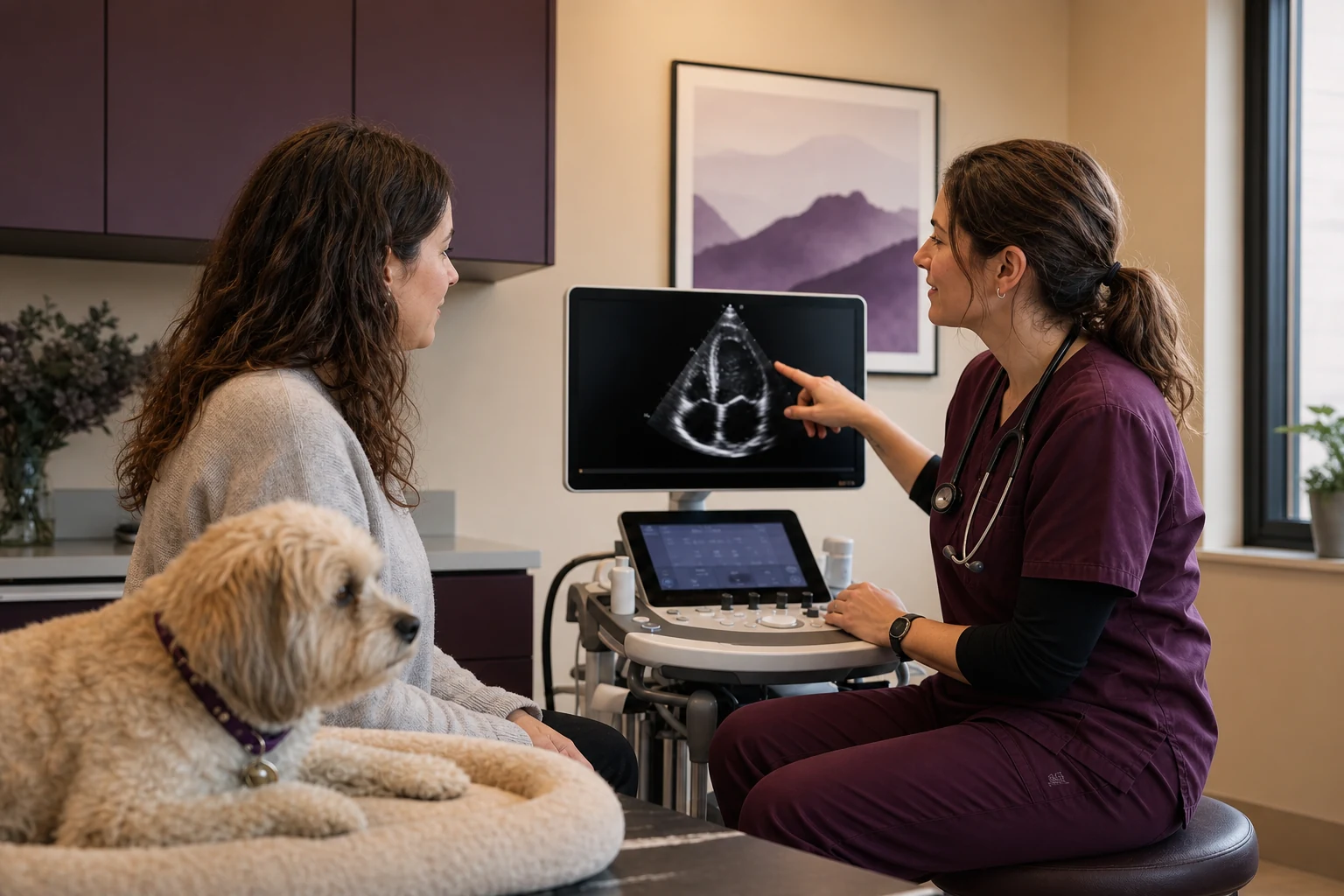 Veterinary cardiologist reviewing a heart ultrasound with a pet owner