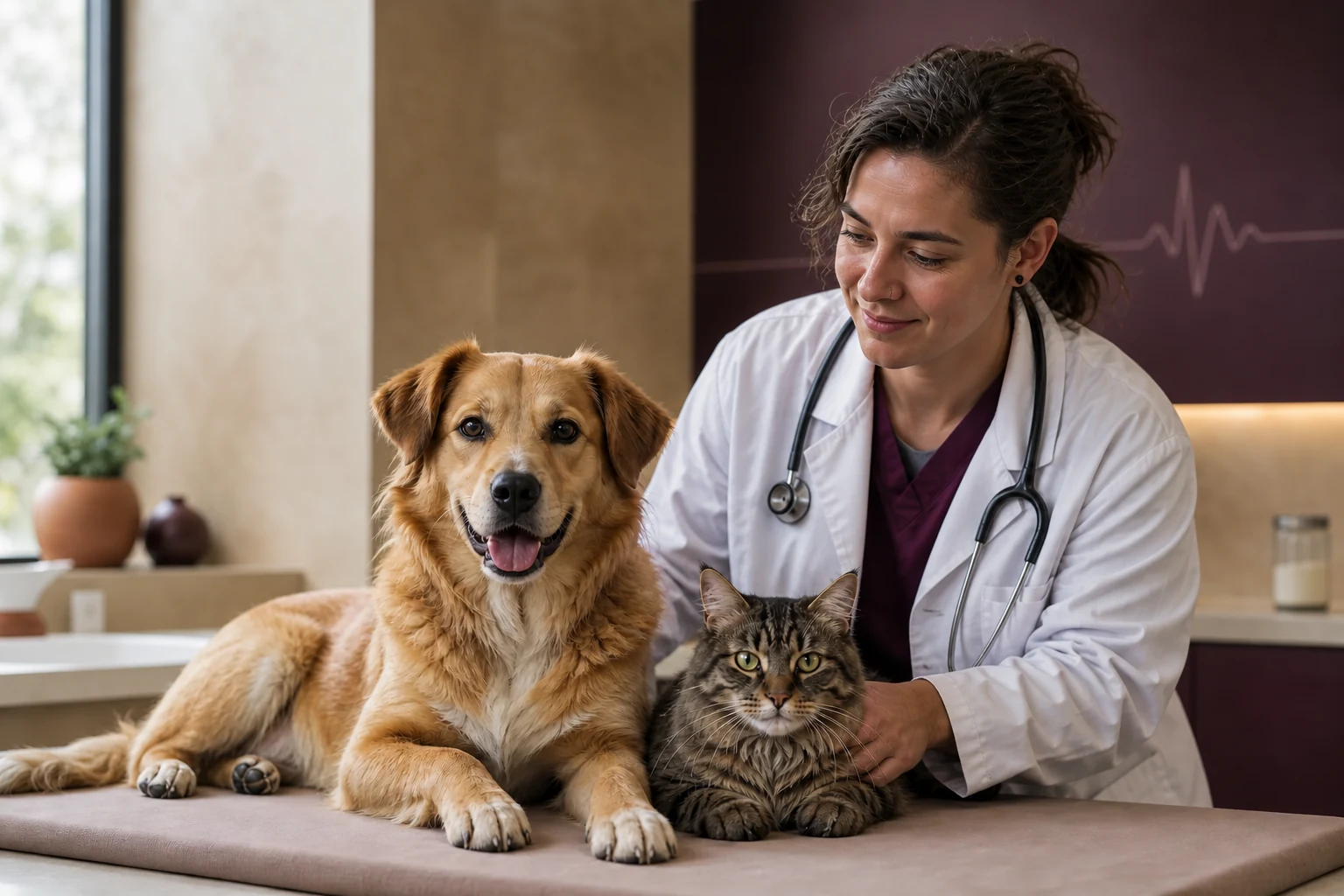 Veterinarian caring for a dog and cat during a cardiac health consultation