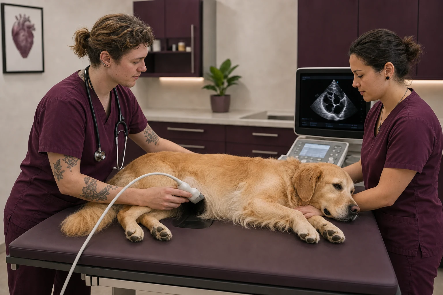 Veterinary cardiologist performing an echocardiogram on a calm dog lying naturally on its side with an assistant