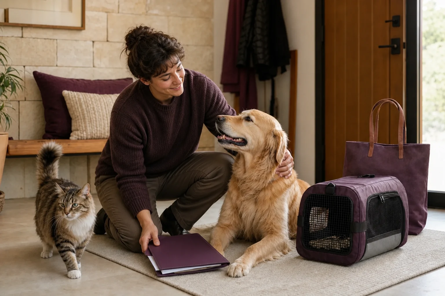 Pet owner preparing a dog and cat for a veterinary cardiology appointment